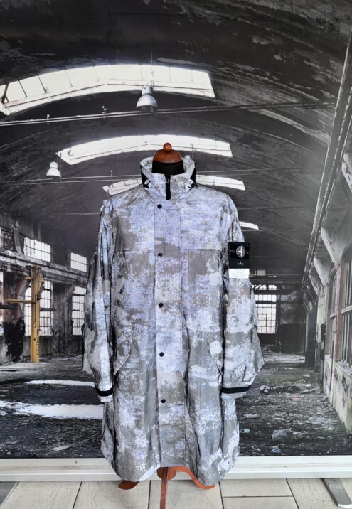 stone island dissolving grid camo mesh on reflective econyl regenerated nylon